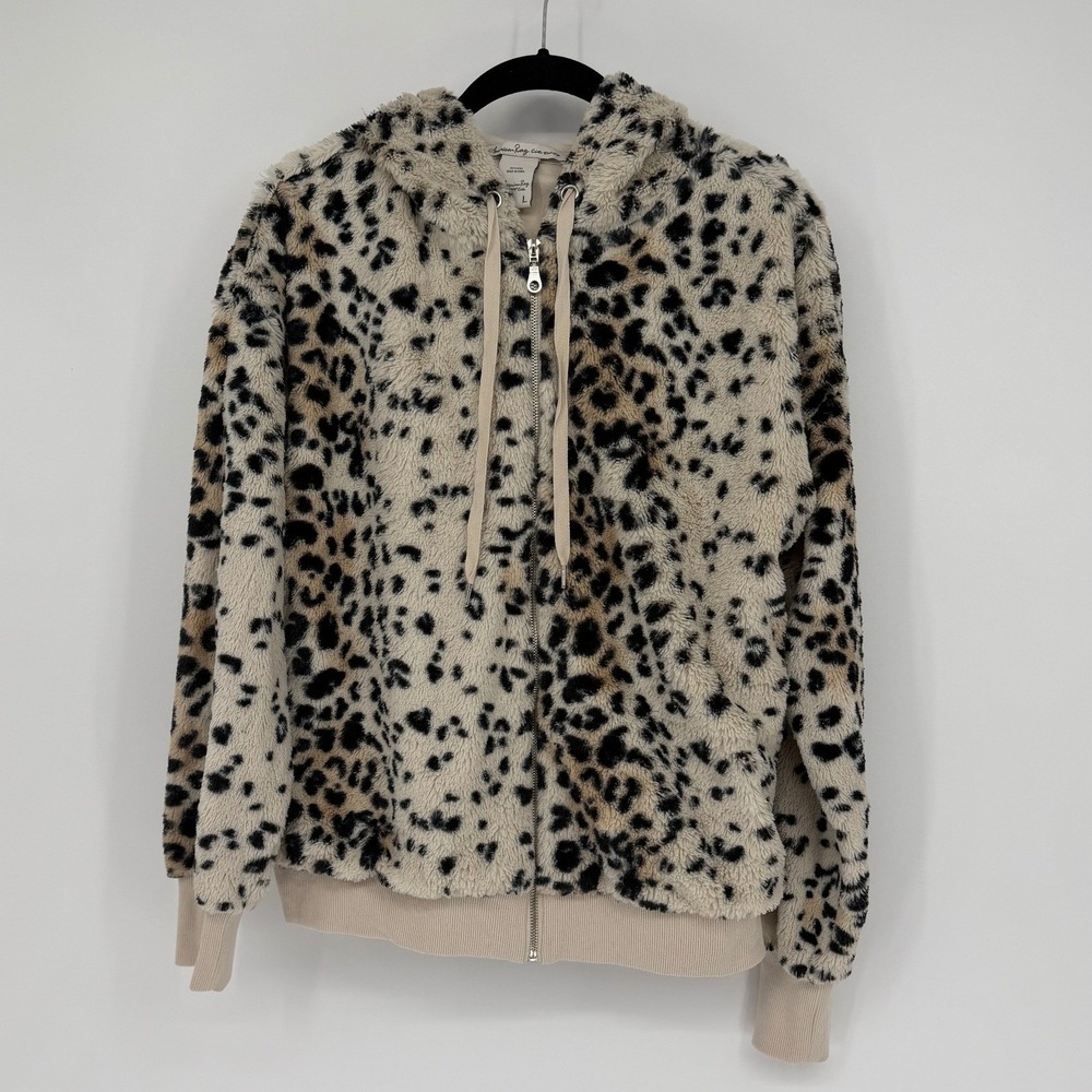 American Rag Cie Womens Leopard Faux Fur Zip Up Hoodie Jacket Beige Black Large